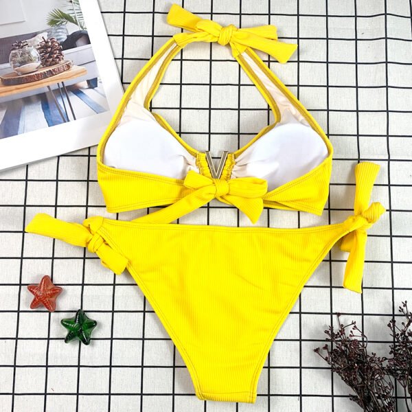 V Wire Ribbed Halter Neck Two Piece Bikini Set Swimwear India