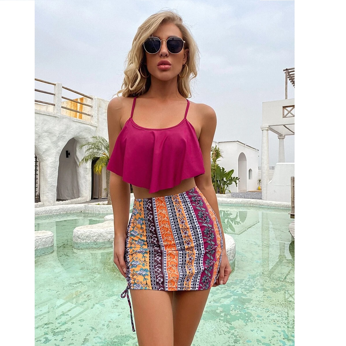 Women Two Piece Swimsuits Layered Ruffle Skirt with Brifes Beach Swimming  Bikini Set 