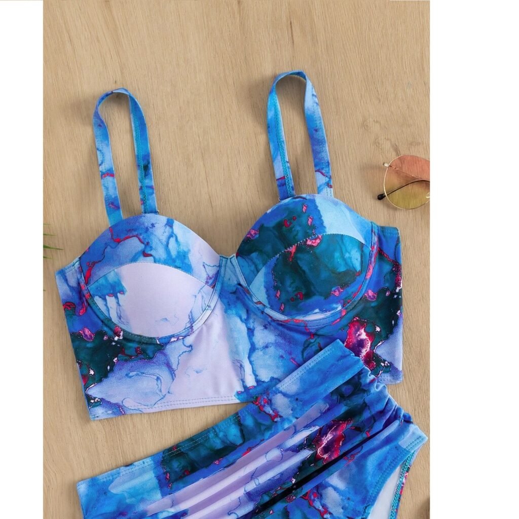 Blue Marble Print High Waist Bikini Set Swimwear India