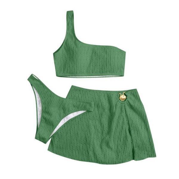 Green Textured One Shoulder Bikini Set (Without Skirt)