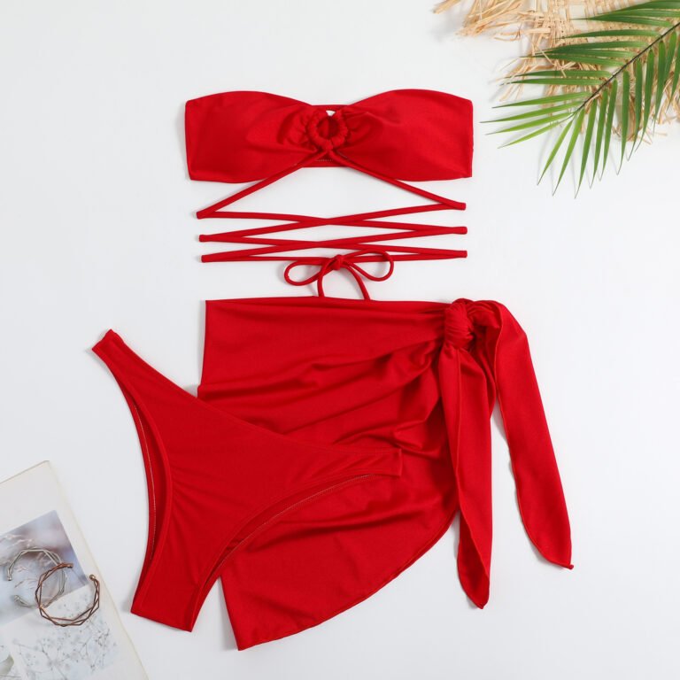 Halter Neck Red 3 Piece Bikini Set Swimwear India