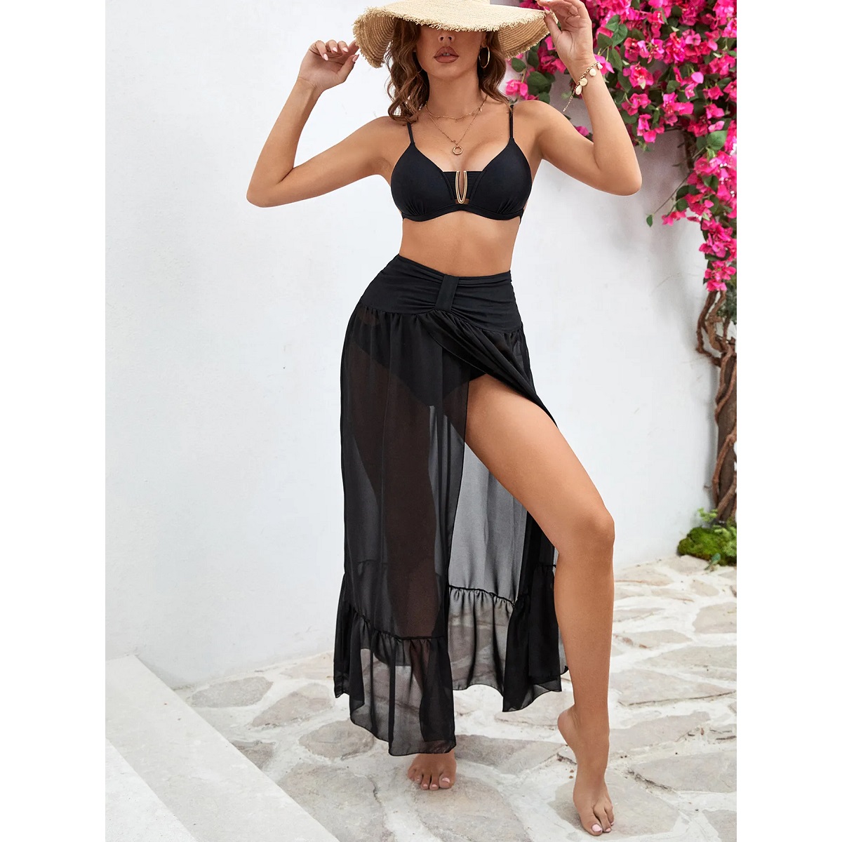 Black Push up 3 Piece Bikini Set with Long Skirt - Swimwear India