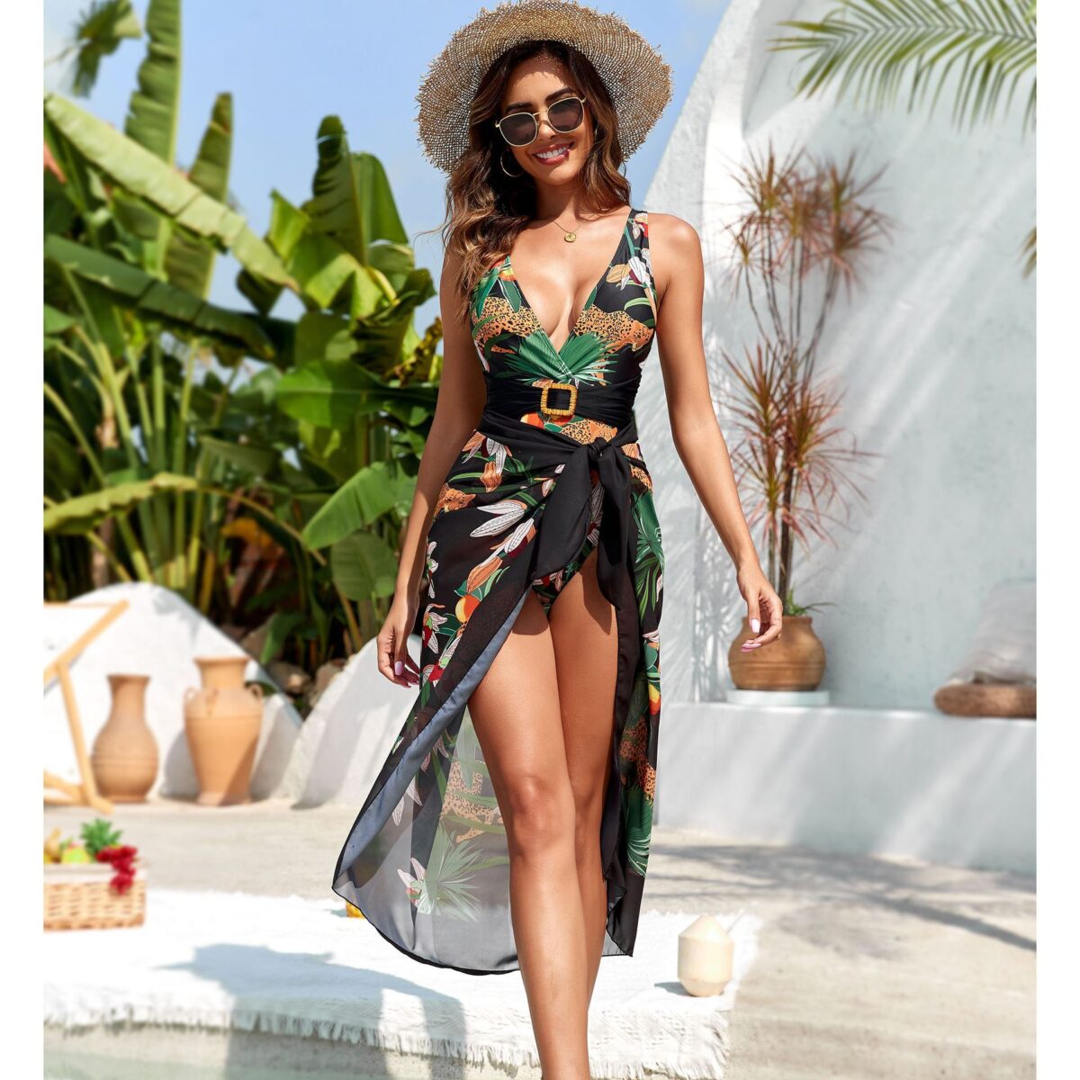 Floral Print One Piece Swimsuit with Cover Up