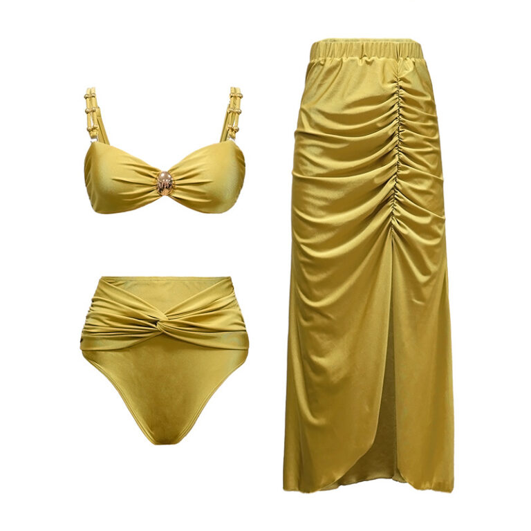 Golden High Waist Bikini Set with Ruched Skirt - Swimwear India
