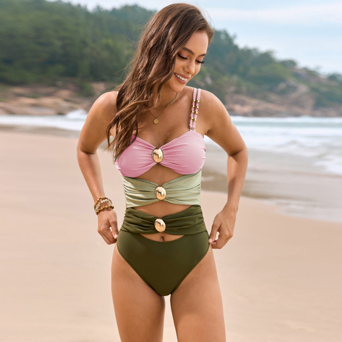 Gold Beaded Cutout One Piece with Cover up