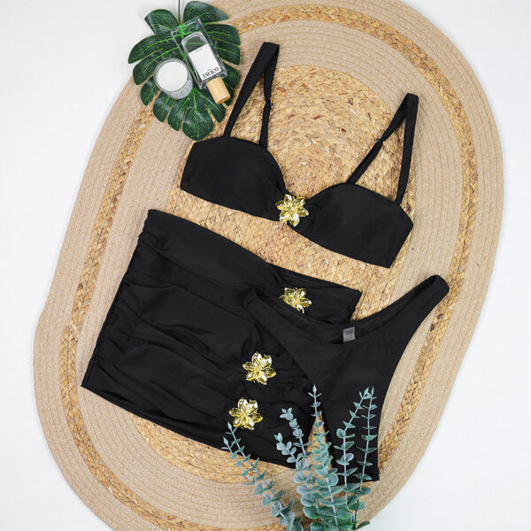 High Leg 3 piece bikini set with skirt in black
