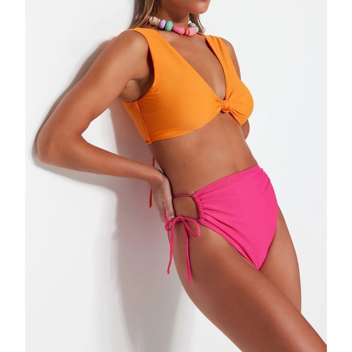 Fuchsia Cutout High Waist Bikini Set