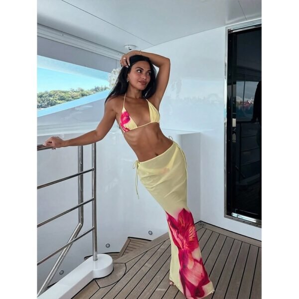 Floral Print Halter 3 Piece Bikini Set with Long Skirt