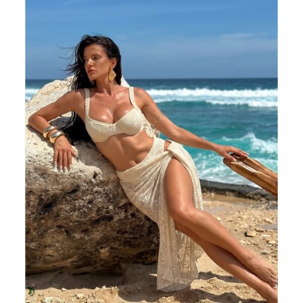 High Waist 3 Piece Bikini Set - White Lace Swimset