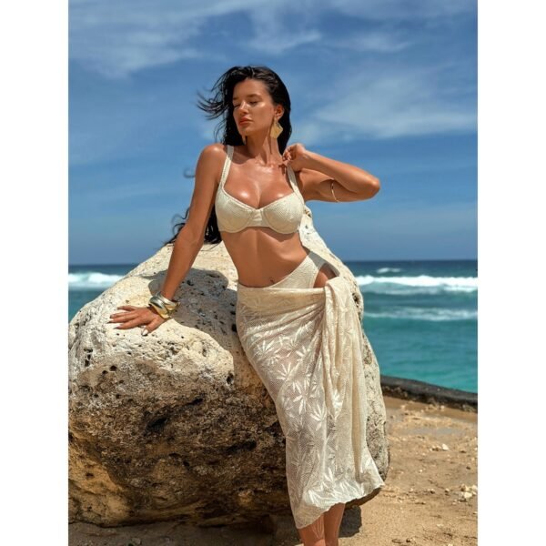 High Waist 3 Piece Bikini Set - White Lace Swimset