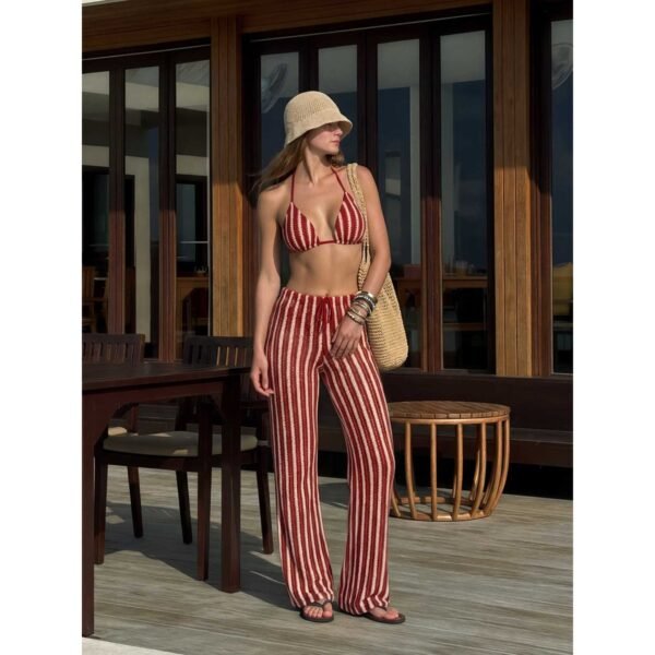Red and cream striped bikini set with matching wide leg beach pants