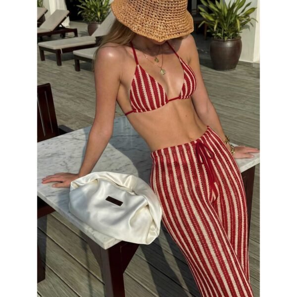 Red striped bikini set — halter top close-up