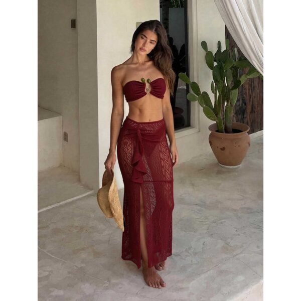 Wine red bandeau bikini set with sheer ruffle maxi skirt