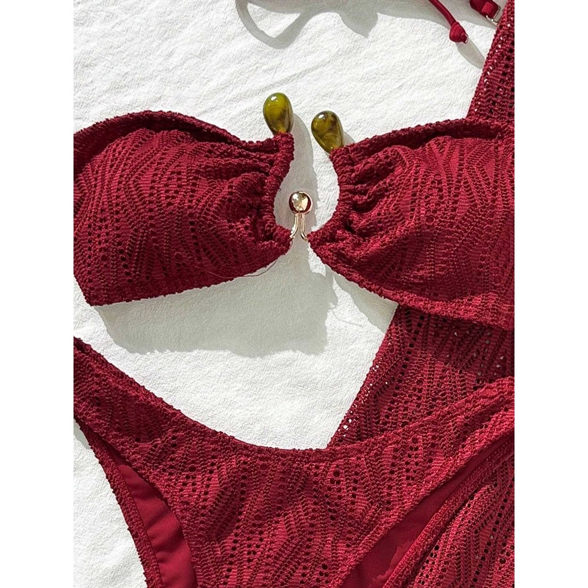 Wine Red 3 Piece Bikini Set with Lace Maxi Skirt2 Gold and green stone clasp on wine red bandeau bikini top
