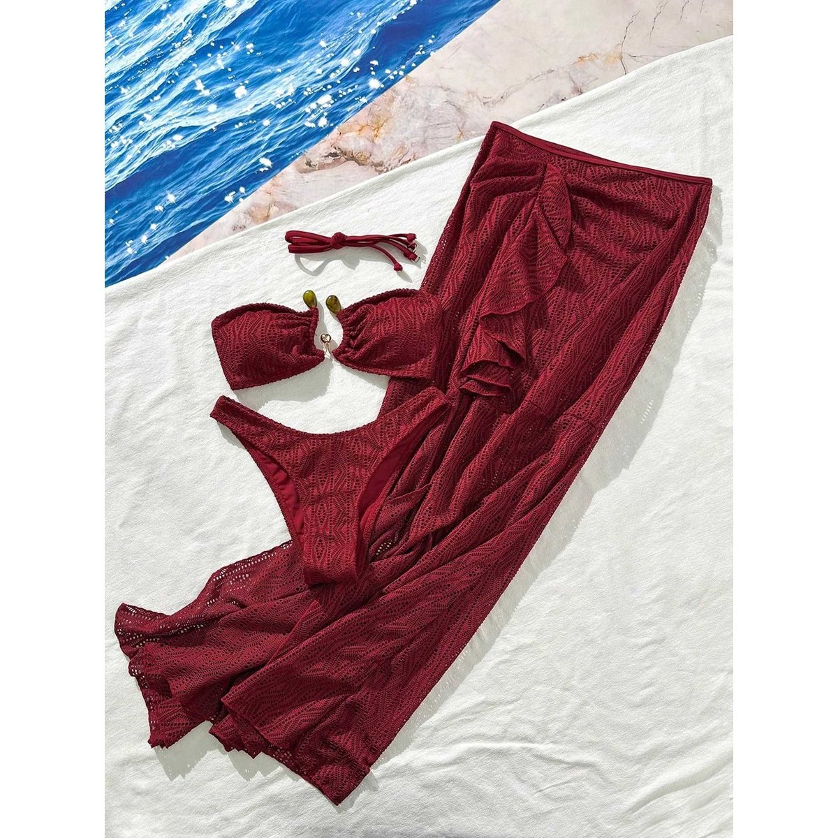Wine Red 3 Piece Bikini Set with Lace Maxi Skirt3 Wine red 3 piece bikini set - bandeau top, bottom and maxi skirt